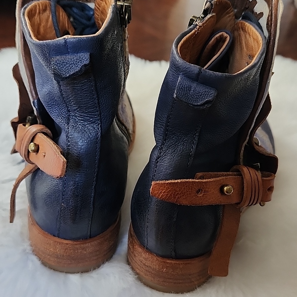 A.S. 98 Navy Blue and Tan Leather Studded Boho Ankle Boots, 37 - Picture 6 of 15